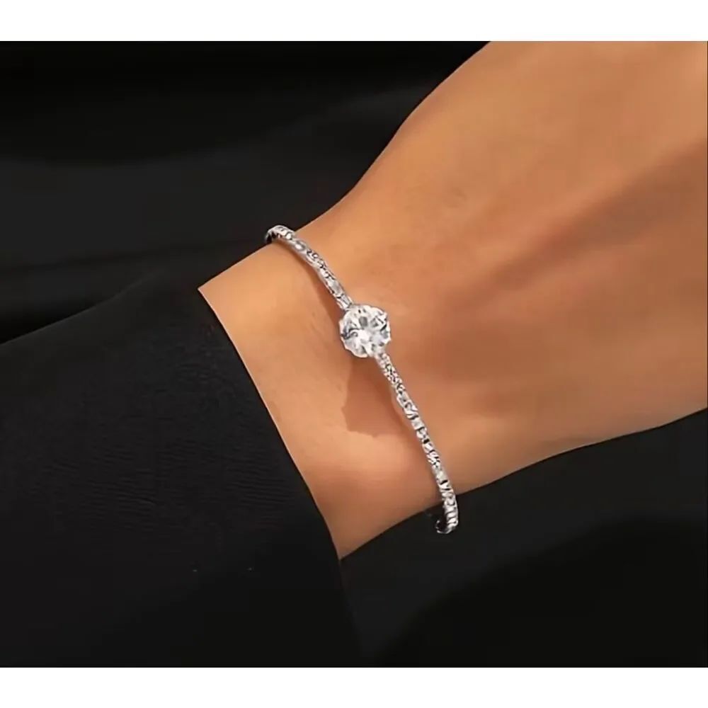 Anthropologie Silver Tone CZ Solitaire Tennis Bangle Bracelet Adjustable Cuff